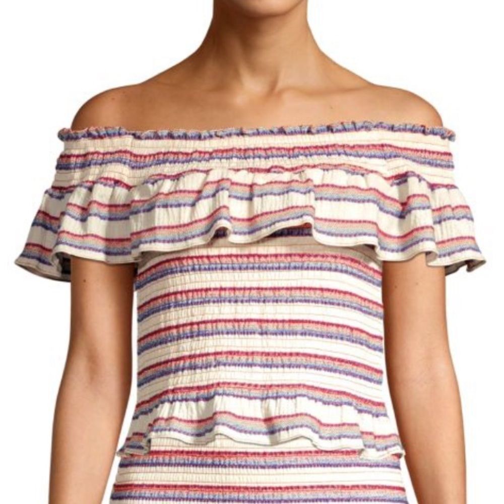 Parker Lizette Smocked Crop Off the Shoulder Top in Cabana Stripe Red Blue Sz Sm